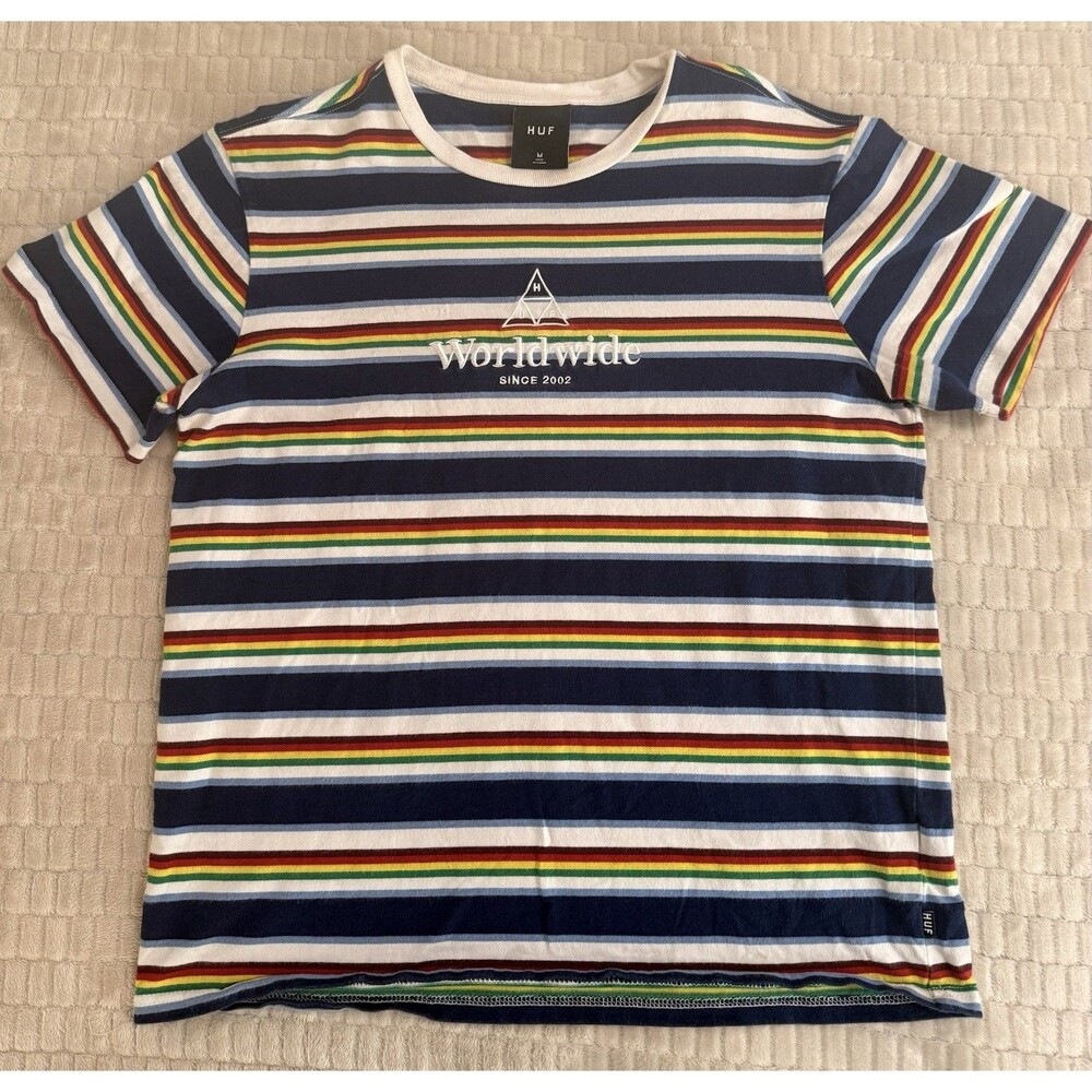 HUF Worldwide Striped T-Shirt Men’s M Multicolor Embroidered Logo Cotton